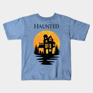 Halloween Haunted House Reflection in Water Orange Moon Kids T-Shirt